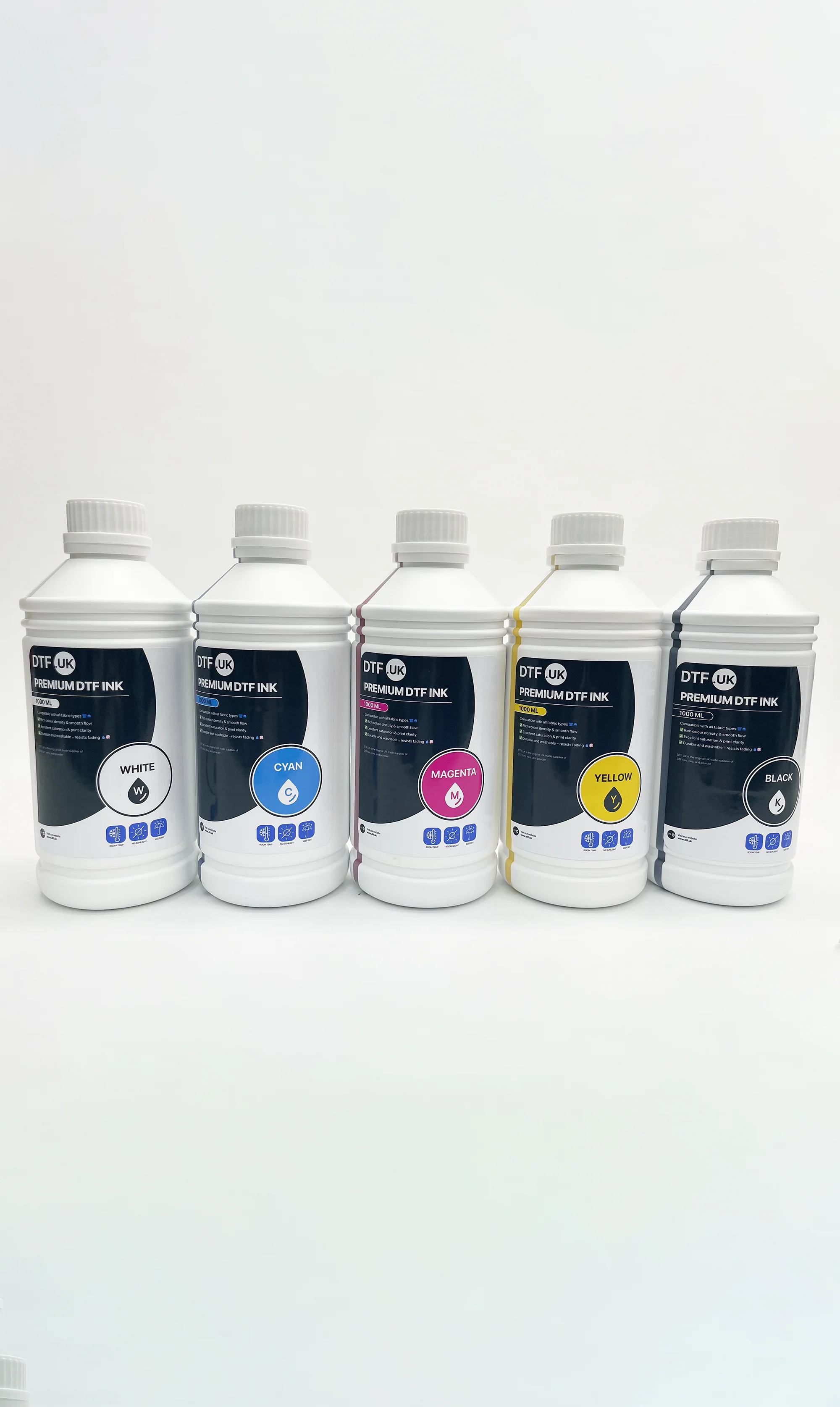 DTF Inks – White + CMYK Full Colour Set (5 x 1L Bottles)